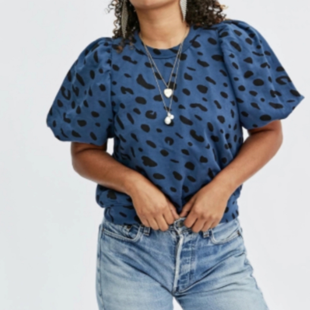 Clare V Blue and Black Puff Sleeve Top